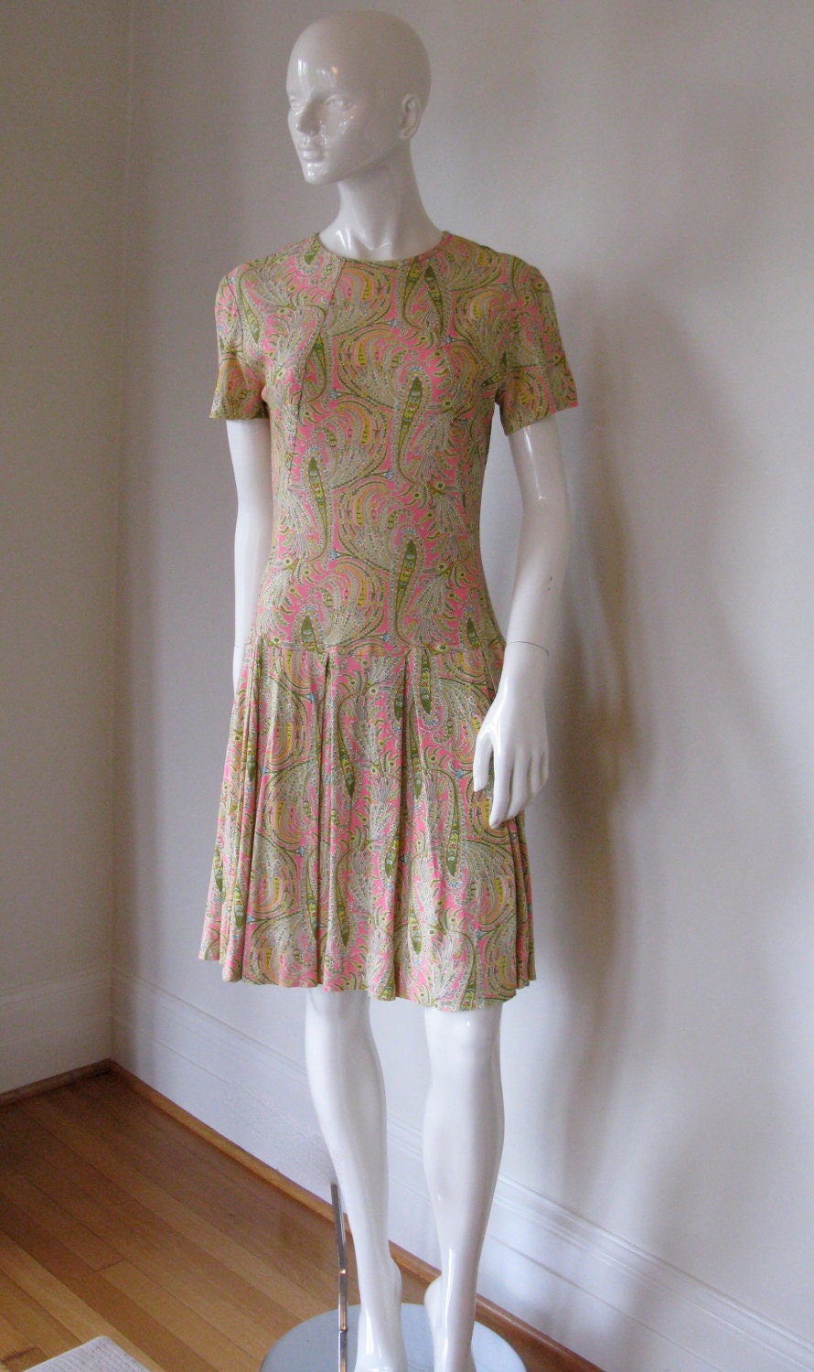 Vintage 1950s 1960s Paisley Dress with Dropped Waist Pleated Skirt and Short Sleeves