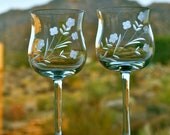 Two Vintage Crystal Tulip Glasses / Etched Romanian Crystal Stemware / Vintage Wine Glasses