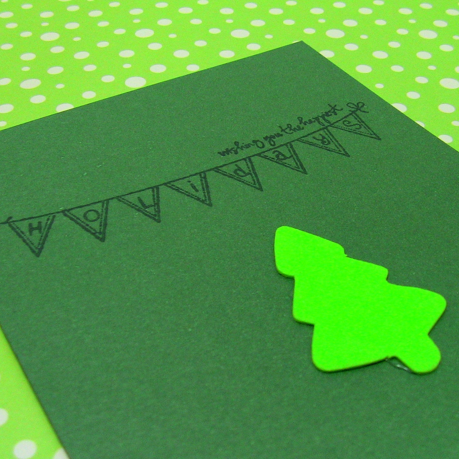 One Modern Winter Holidays / Christmas Card with Evergreen Tree and Pennant Banner - Ready To Ship