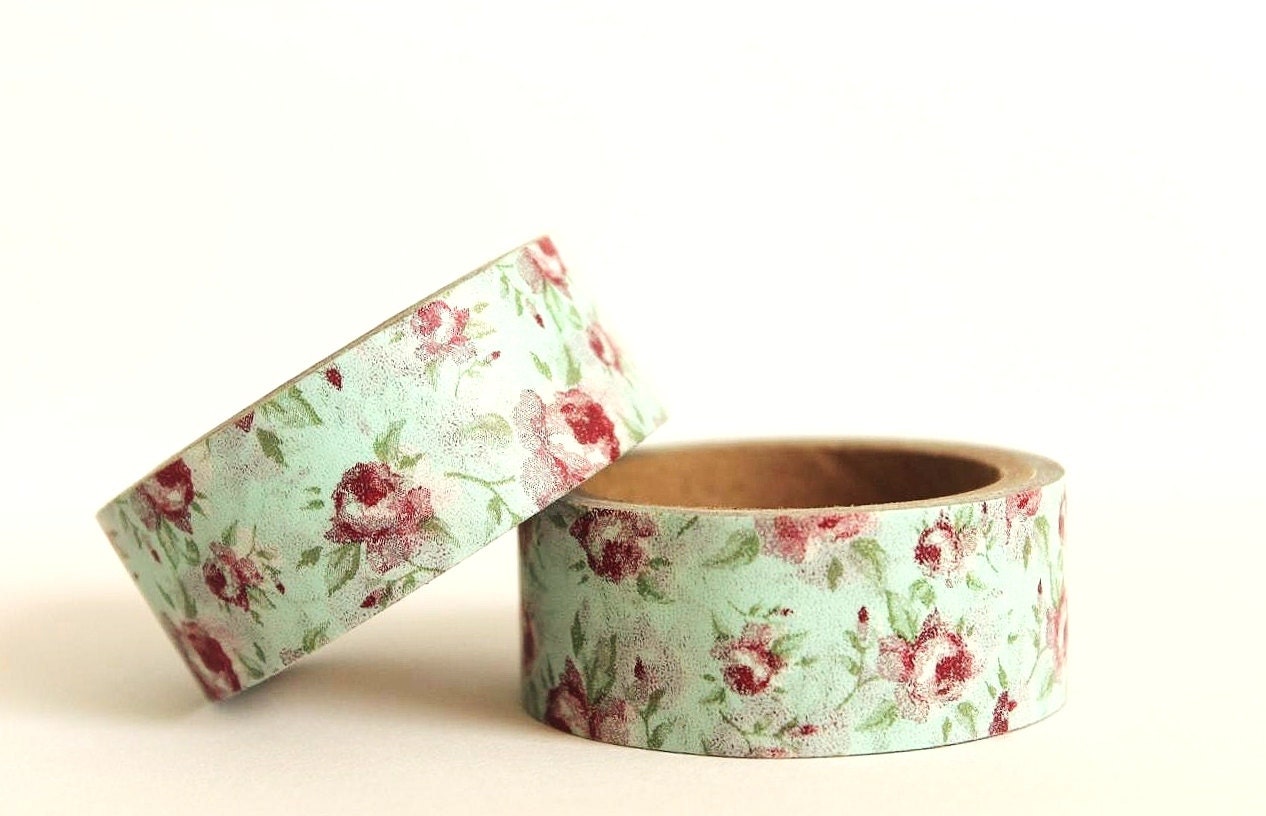 Red Roses on Light Teal Washi Tape