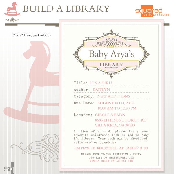 Library Book Baby Shower Printable Invitation - DIY Print - Baby Girl - It's A Girl