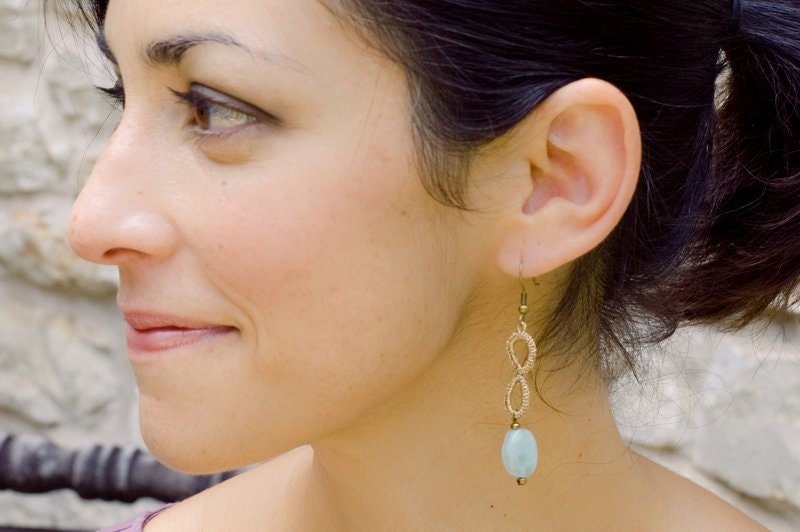 Kachin Earrings (Teardrop Dangles in Metallic Tan with Mint Bead, by Nang)