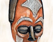 African Tribal Mask - Print of Original Watercolor Painting, 5x7"