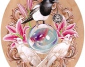 The Mind Reader painting albino crows magpie magic occult pink crystal ball  lilies flowers