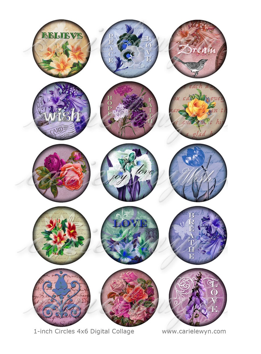 Vintage Flowers Bottle Cap Images / Inspirational Words (love peace wisdom joy faith hope) / Printable 1-Inch Circles for Bottlecaps