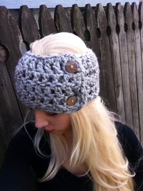Plush Chunky Wool Headwrap Headband in Grey marble- Multiway Versatile Neck warmer- Button Headwrap