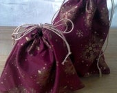 2 Fabric Gift Bags Gold Snowflakes on Burgundy Upcycled Reusable