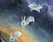 White Rabbit Art Print, Let Go, Outer Space 5x7 Illustration