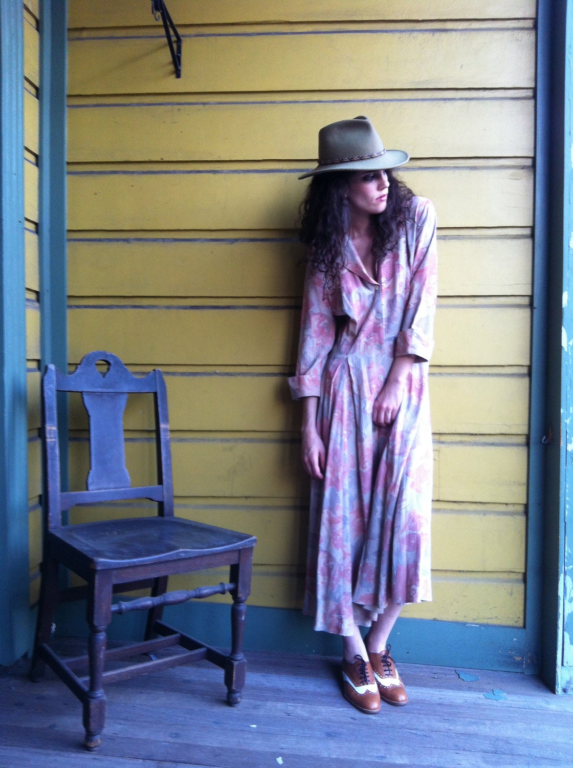 Vintage Floral 70s 80s Depression Era Boho Dress Drop Waist
