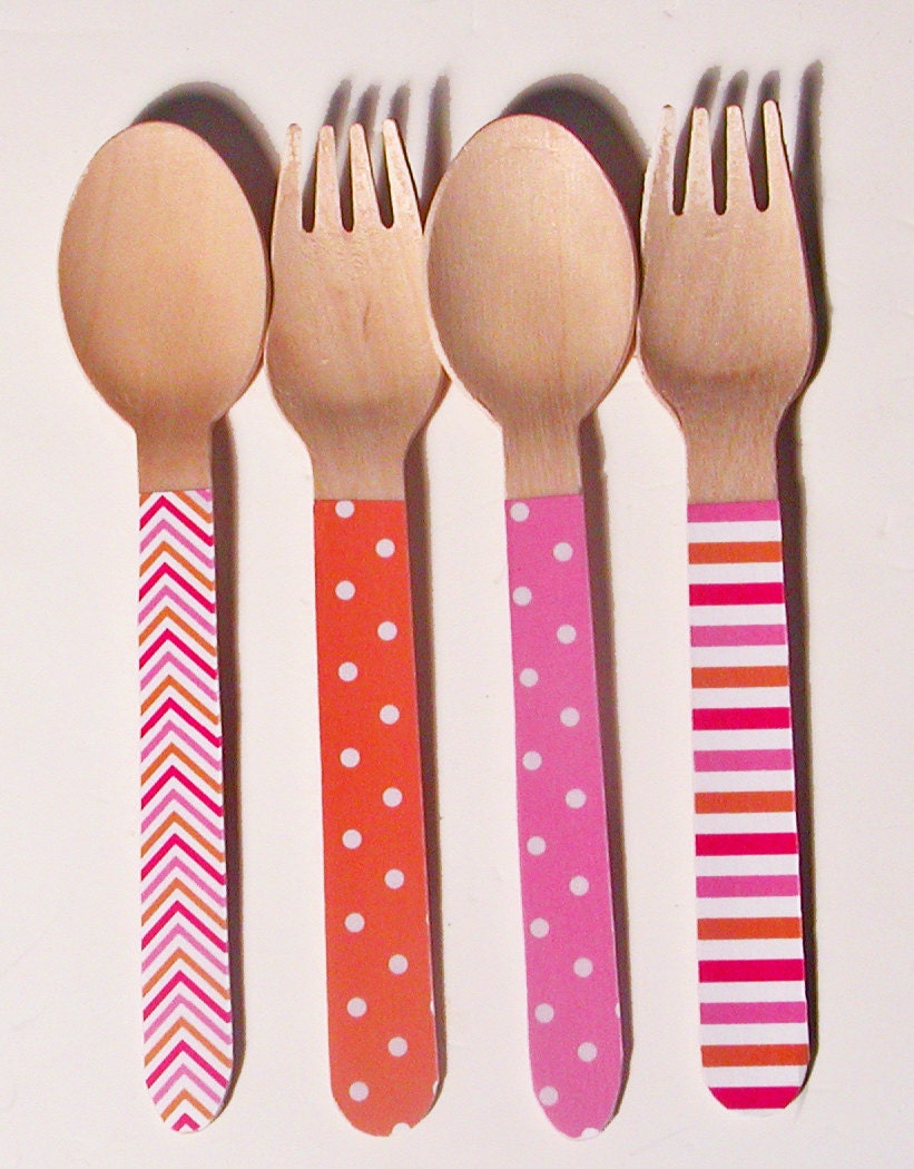 Hot Pink and Orange Multi Pattern Wooden Forks or Spoons - Set of 20 Il_170x135
