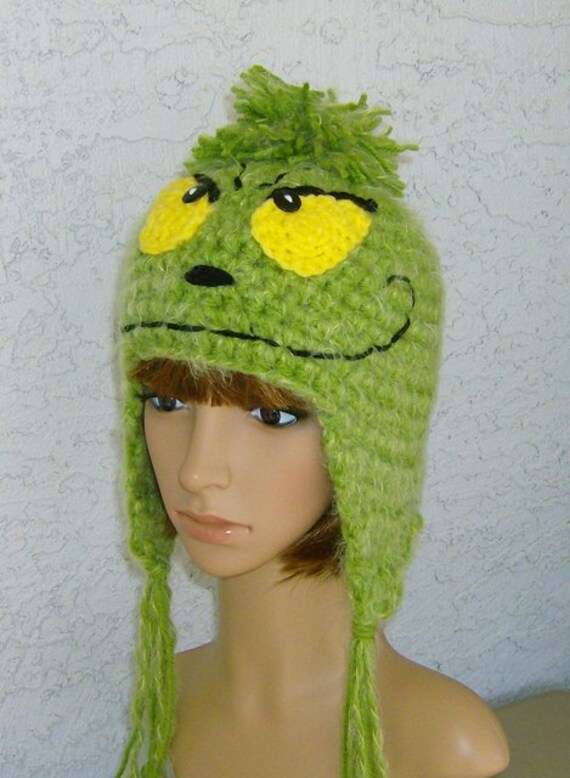 Grinch Like Crochet Earflap Hat Kids Teens Womens Unisex