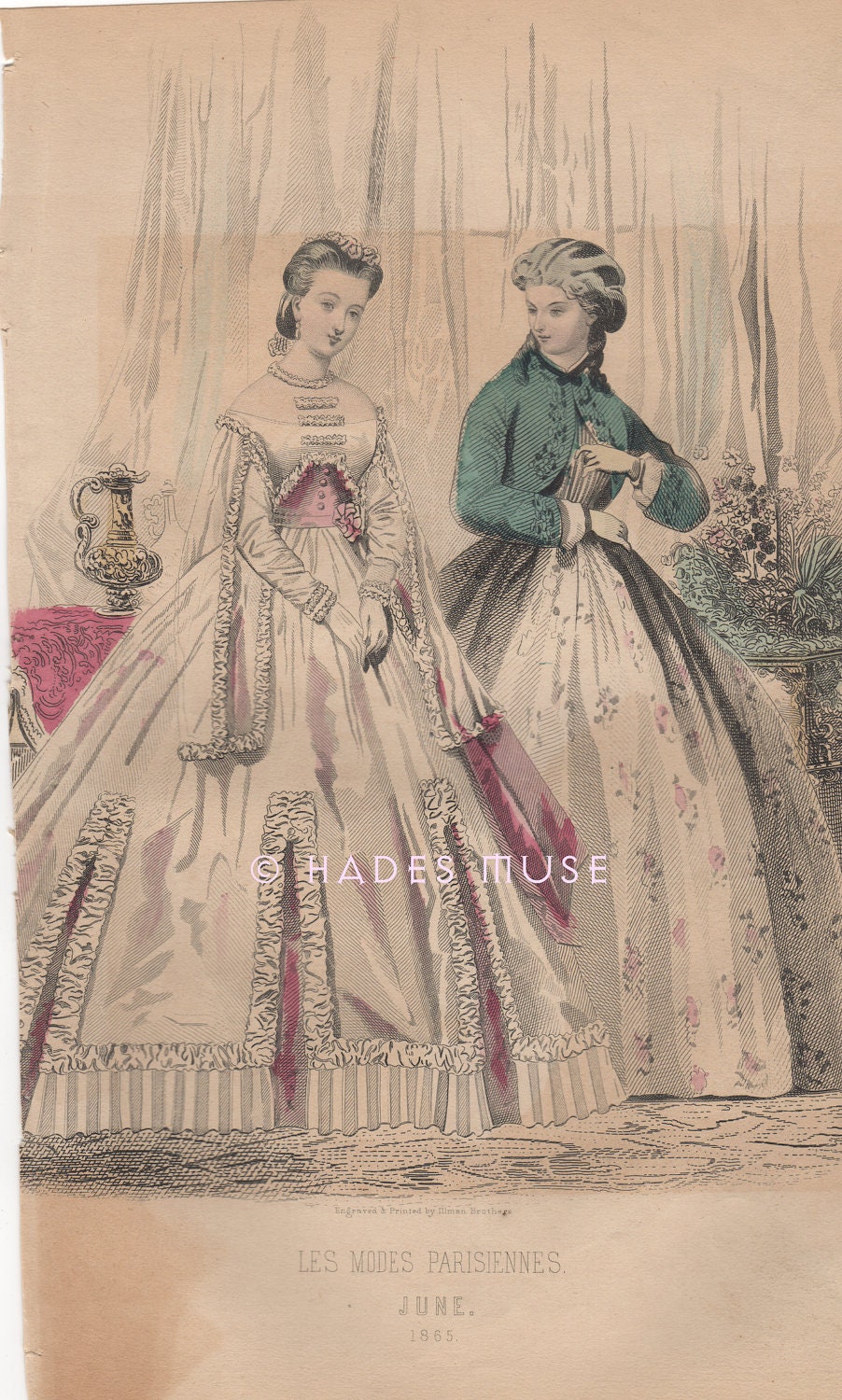 Civil War Fashion-Victorian Ladies-Dress-Rhett-Scarlett O'Hara-Gone With The Wind-1865 Antique Vintage Art PRINT-Engraving-Gothic Picture