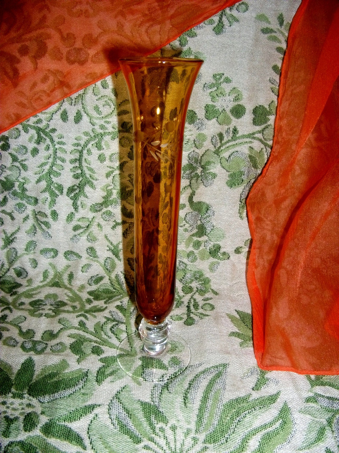 Vintage Amber Glass Vase w/ Etched Design and Clear Pedestal Base Only 5 USD