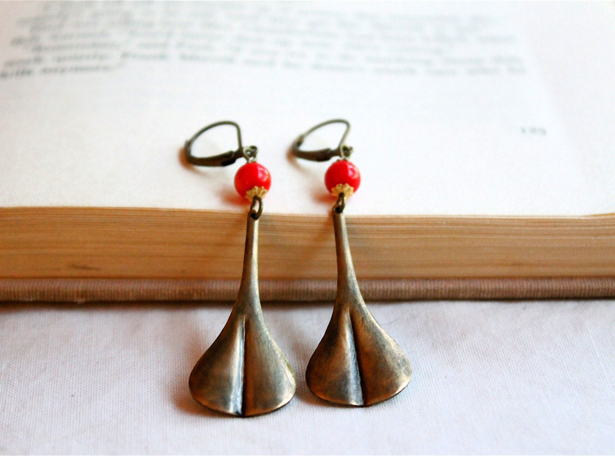 Brass and Coral Ginkgo Leaf Earrings