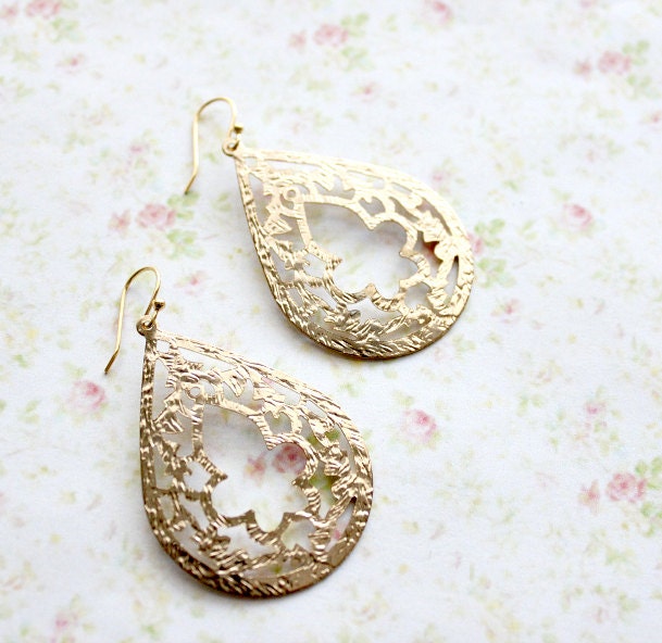 Exotic Door Gold Lace Filigree Earrings. Bohemian, Morrocan, Teardrop Earrings, Valentines Day, Boho Chic. India , Bridesmaids
