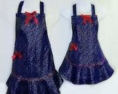 Aprons SILVER Dot DENIM, Mommy & Me Set, Red Trim RUFFLED Flounce, Mother Daughter,Pretty Party, Unique Kitchen Gift