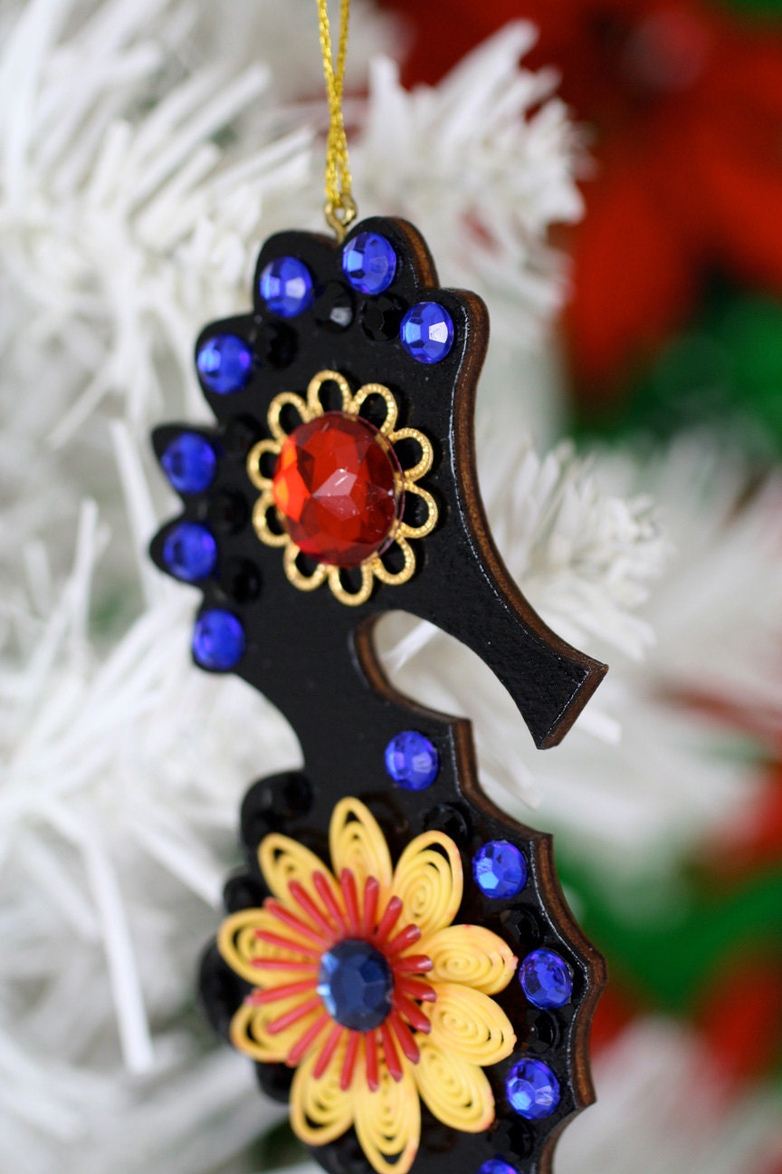 Seahorse Christmas Ornament Black Wood Rhinestones