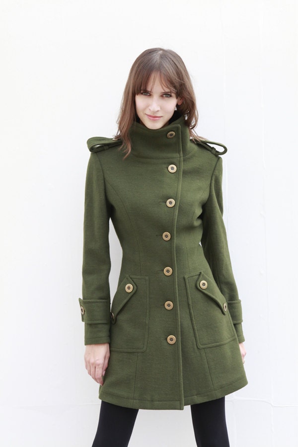 Army Green Fitted Cashmere Coat Military Jacket Winter Wool Coat Women Coat - Custom Made - NC446