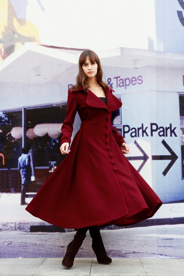 Wine Red Cashmere Coat Big Sweep Women Wool Winter Coat Long Jacket Tunic / Fast Shipping - NC419