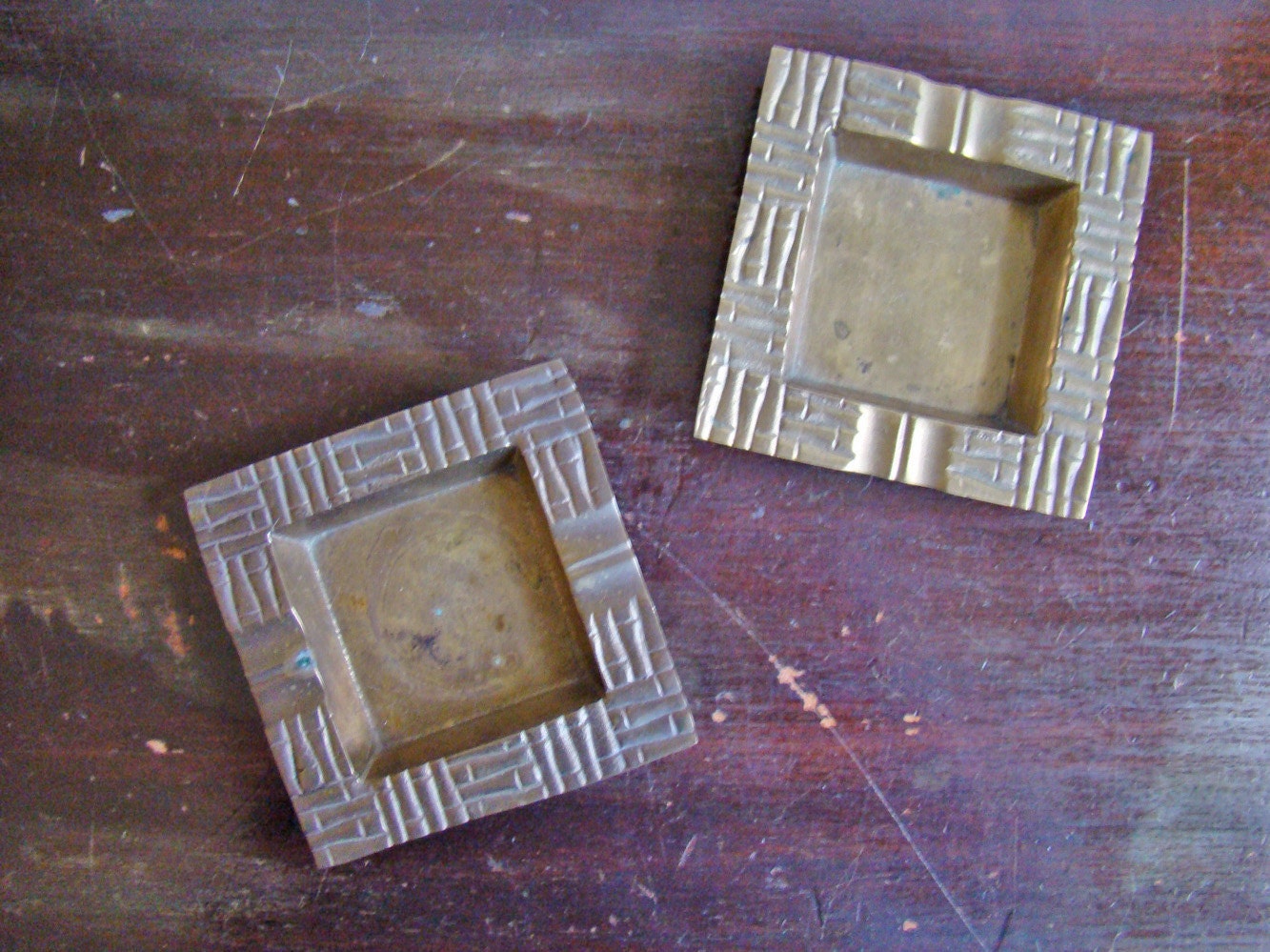 vintage pair of Mid-Century Modern brass ashtrays with bamboo pattern