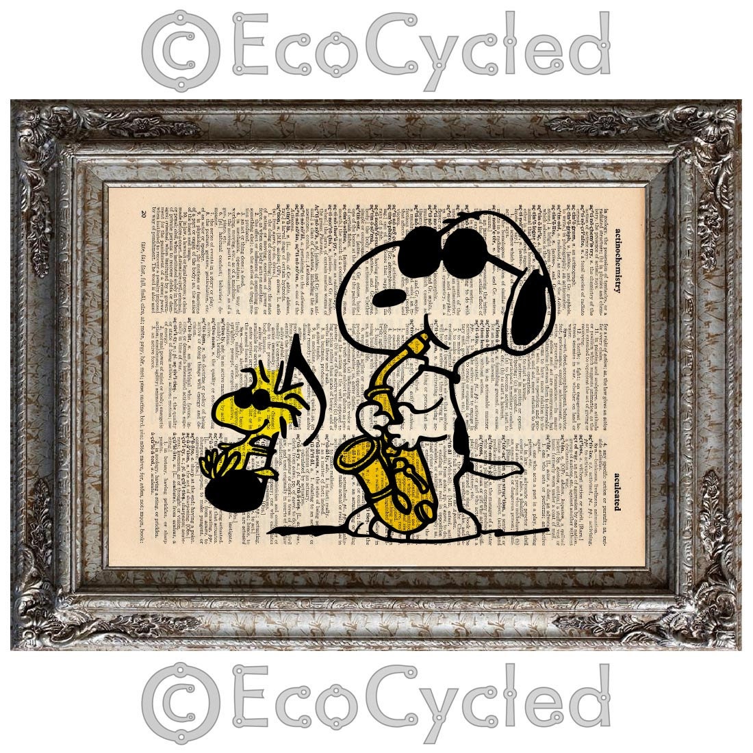 Snoopy Playing Saxophone with Woodstock on Vintage Upcycled Dictionary Page Book Art Print