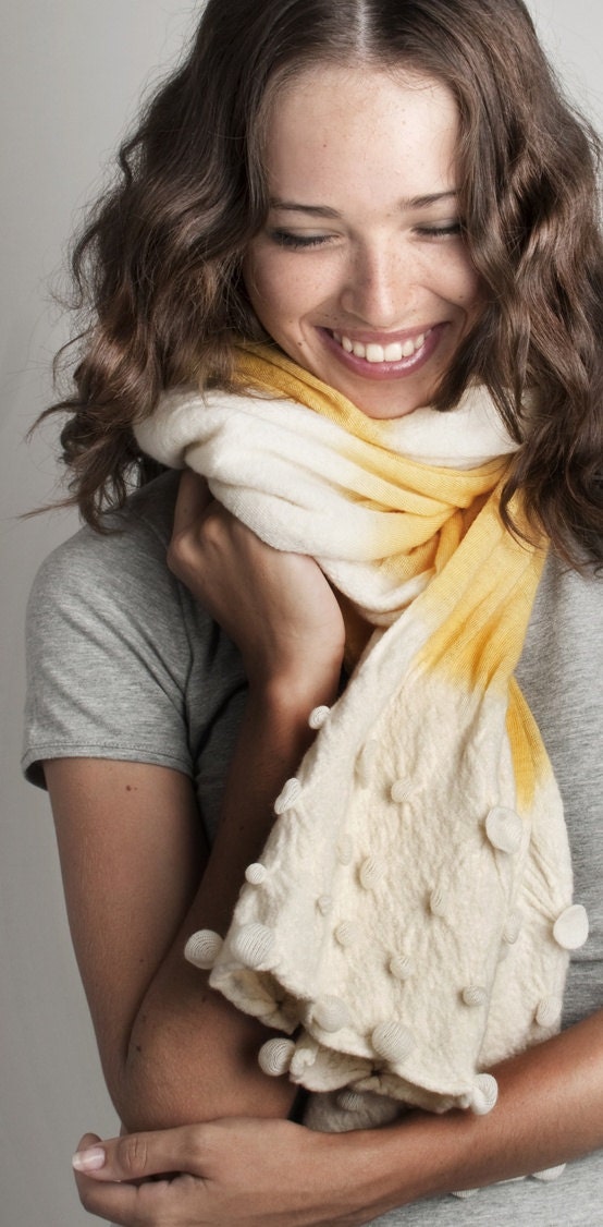 Neon Yellow scarf hand dyed with handcrafted shaped volumes at the edge by Texturable