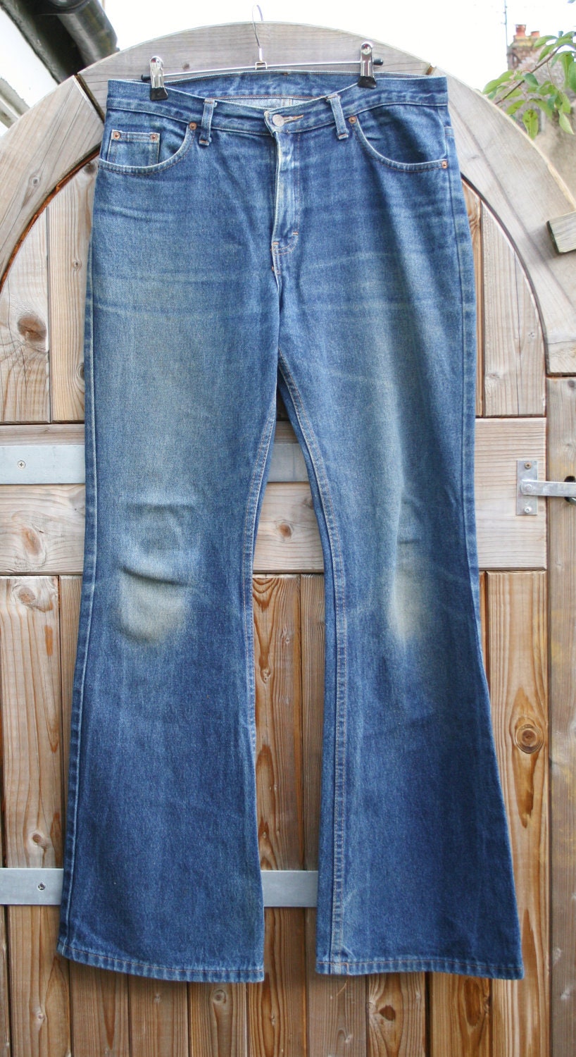 Vintage 1990s 'POP' Flare Jeans - Mens W34 x L34 - Light Blue - Made in England