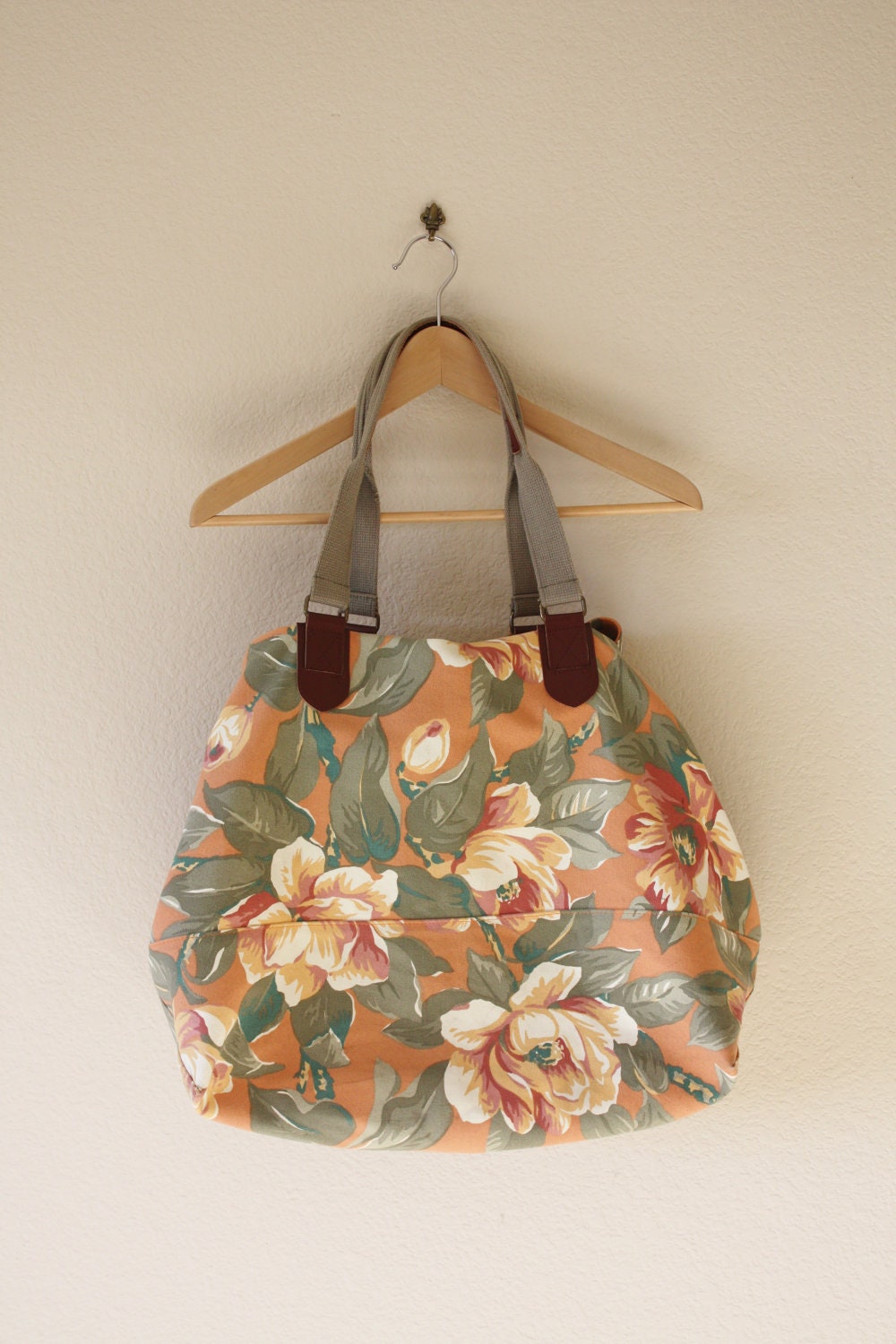 Vintage 1990's Gap Floral Peach Magnolia and Sage Green Cotton Oversized Tote
