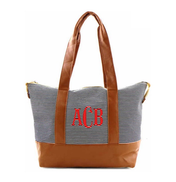Faux Leather Black With White Striped Canvas Double Handle 19 Inch Tote With Optional Personalization