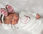 Baby Girl Onesie or Infant Gown and Rosette Hair Bow with Rhinestone - Chocolate Brown and Pink Monogram - Newborn thru 12 months