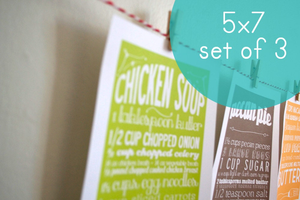 Set of Three 5x7 Kitchen Art Prints of Classic Recipes with Handlettering
