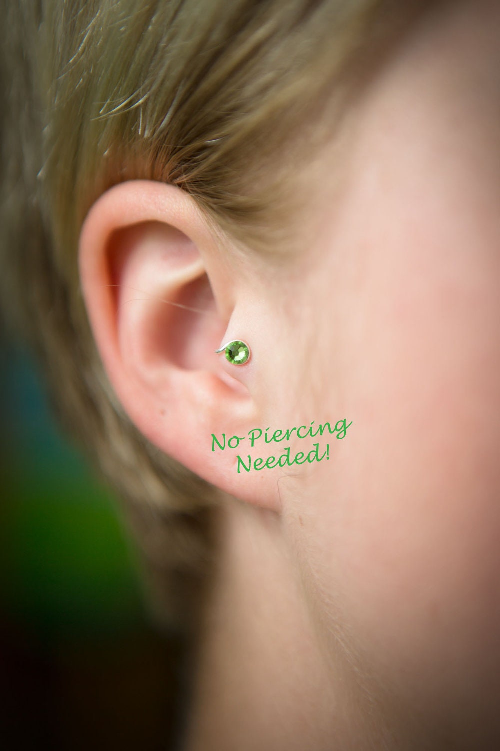 Marimo Crystal Tragus Cuff Green Austrian Swarovski Crystal Silver Ear Cuff wire earring alternative