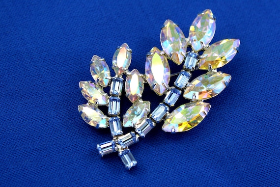 Vintage AB Rhinestone Brooch. Signed B David, Highly Colorful Irredescent Aurora Borealis and Baby Blue Rhinestones.