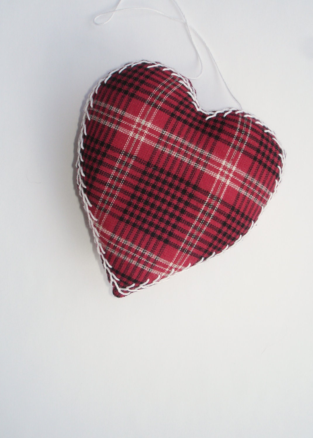 Hand-Embroidered Red Plaid Christmas Heart Ornament, Folk Art, Primitive Holiday Decoration
