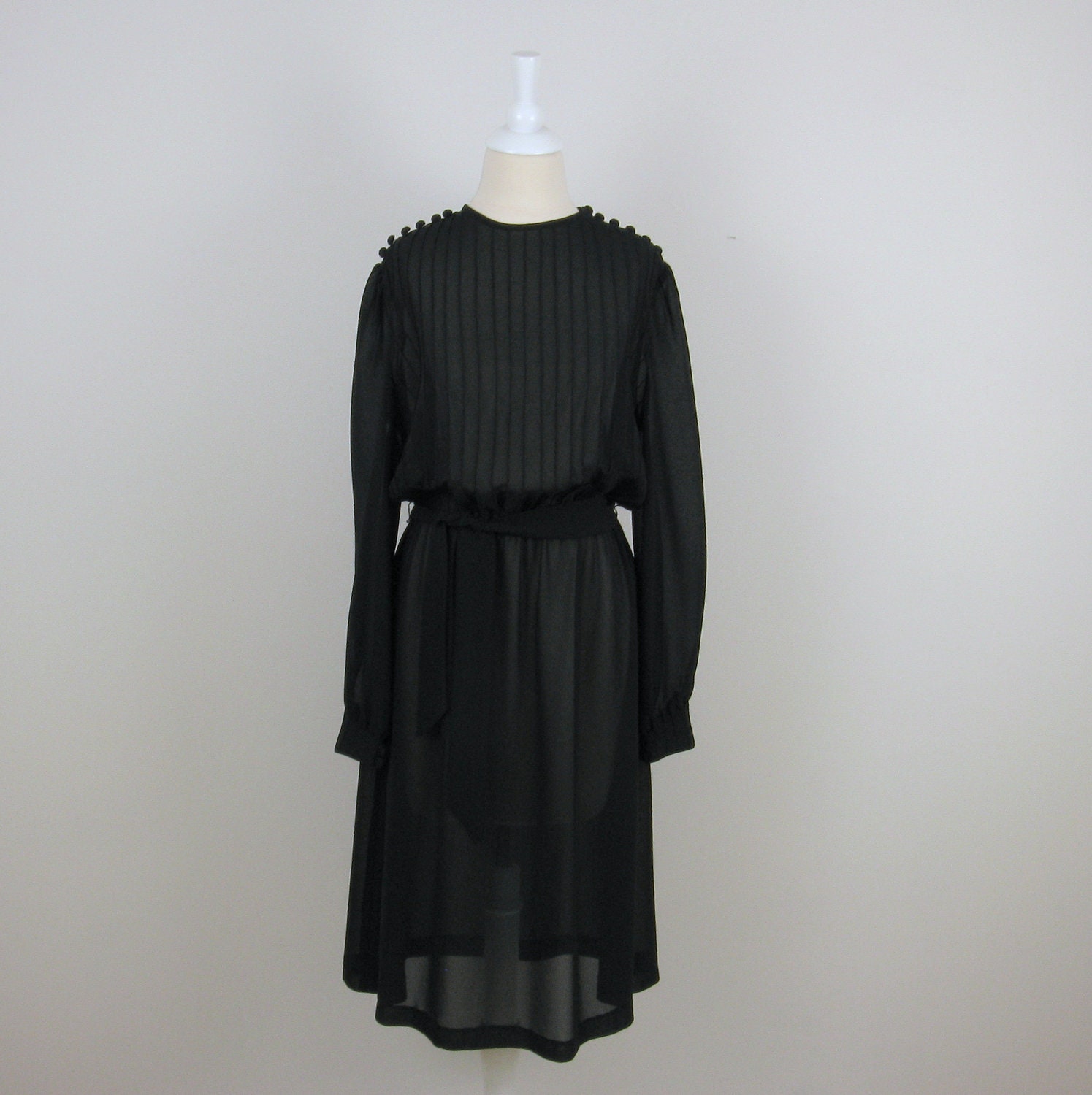 Vintage Little Black Dress - 1970s Semi Sheer Crepe - Medium Large by Edie Johne