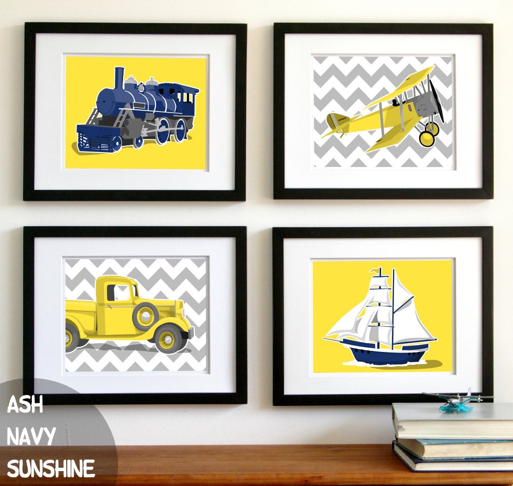 childrens wall art Boys chevron transportation art airplane truck train boat nursery art - yellow and grey boys wall art, boys nursery art