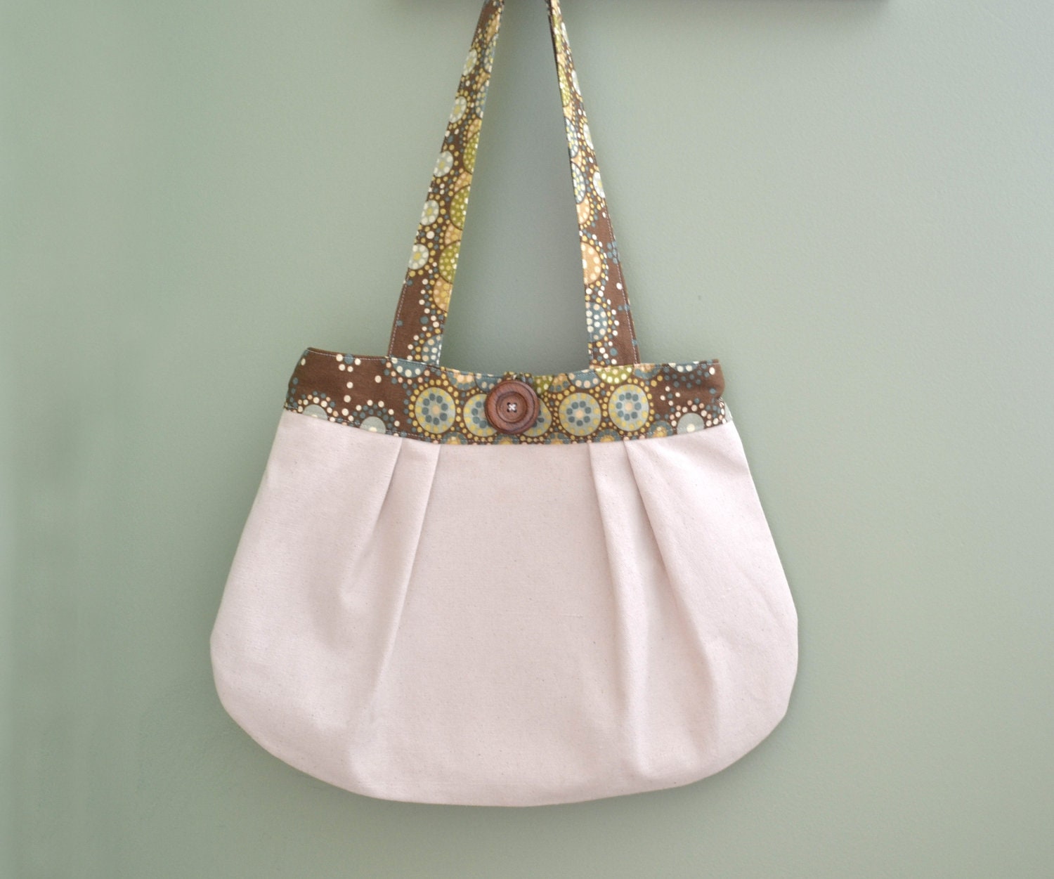 CLEARANCE - Cotton Pleated Shoulder Bag, Handbag, Off-White Cotton Duck, Brown, Olive Green, Teal, Circles, Muslin, Tote Bag, Boho Bag