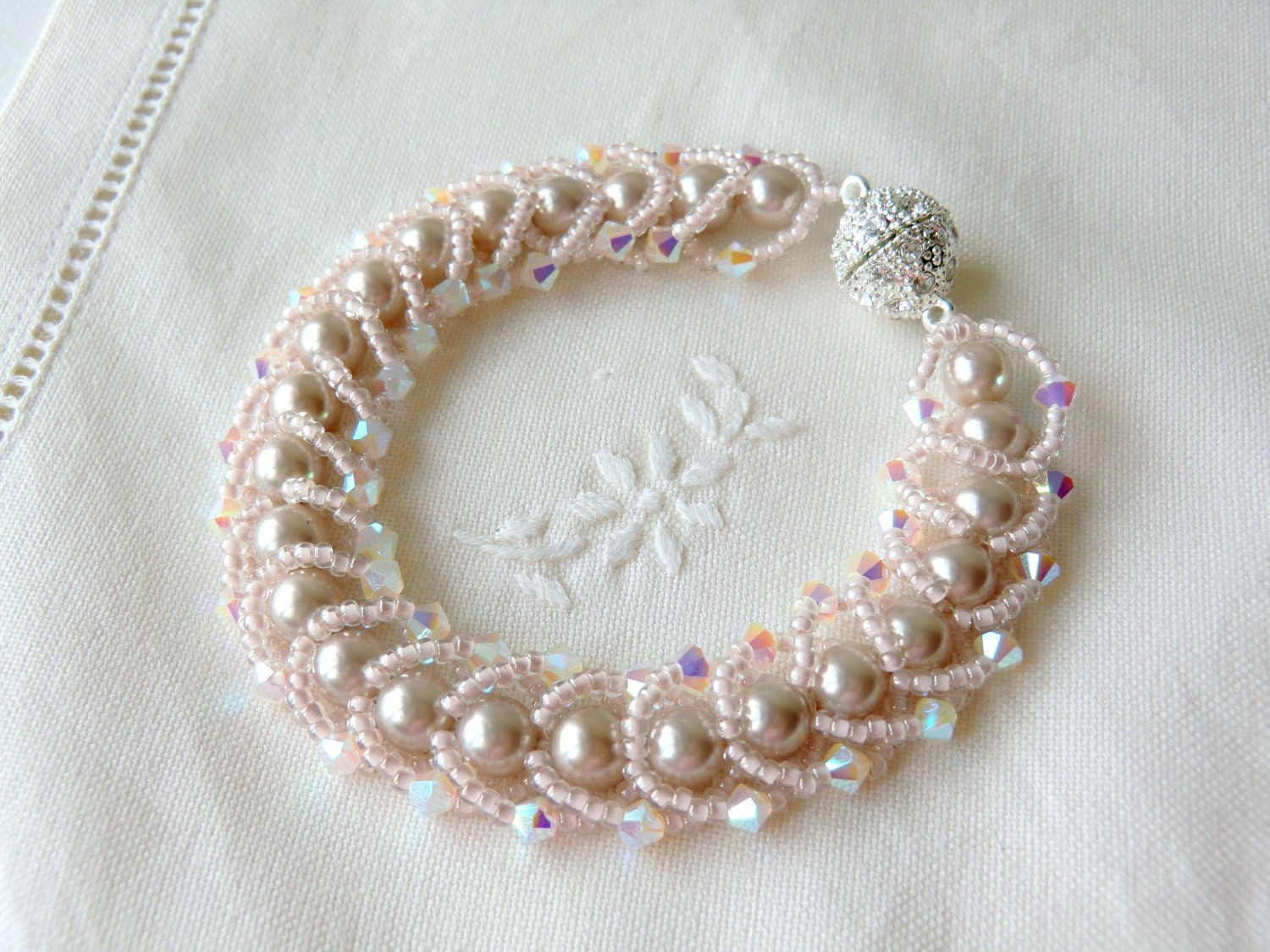 Pearl Bracelet Swarovski Crystal Bracelet Seed Bead Bracelet Flat Spiral Bracelet Bead Woven Bracelet Bridal Bracelet Wedding Jewelry
