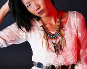 Whicca, Fall Statement Necklace, gold turquoise vintage style, baroque witch, half moon, crystal, spikes, OOAK costume jewelry