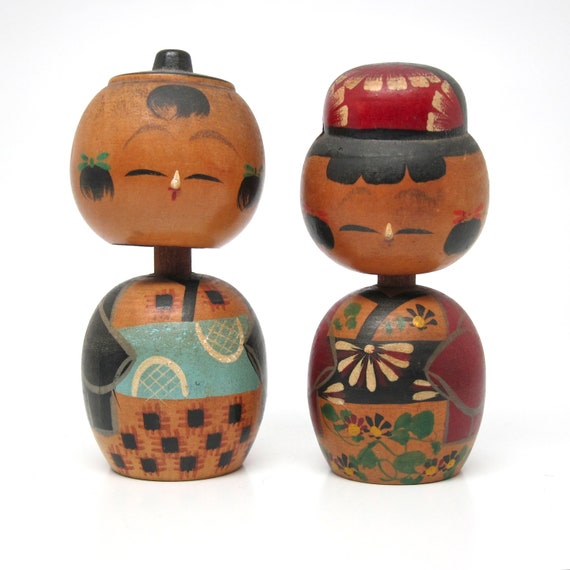 Vintage Kokeshi Dolls Bobble Head Wood Japanese By Hensfeathers