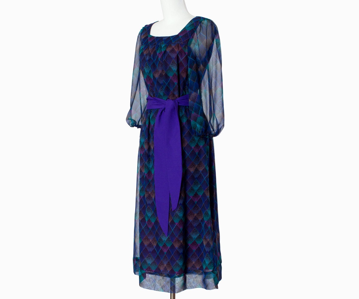70s 80s Vintage Dress Navy Purple Diamond Pattern Marek NY Small
