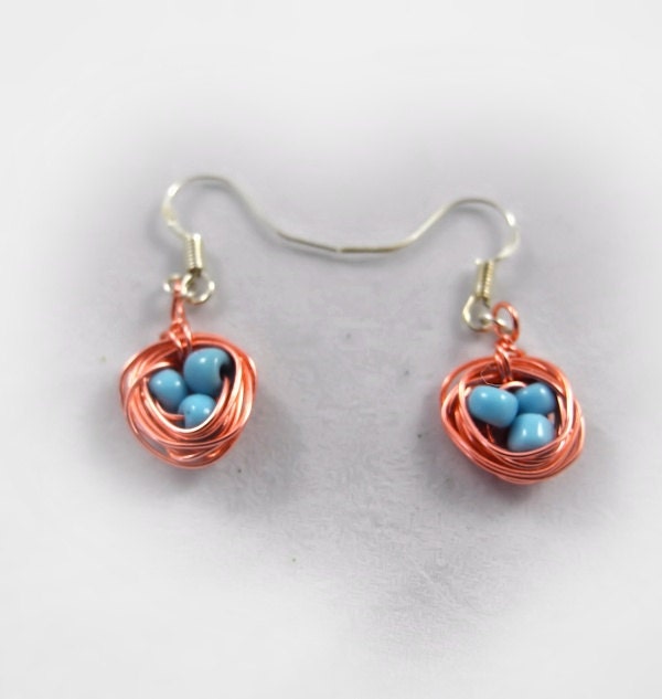Tiny Birds Nest Earrings - Wire Wrap Copper - Unique Jewelry for a Unique You