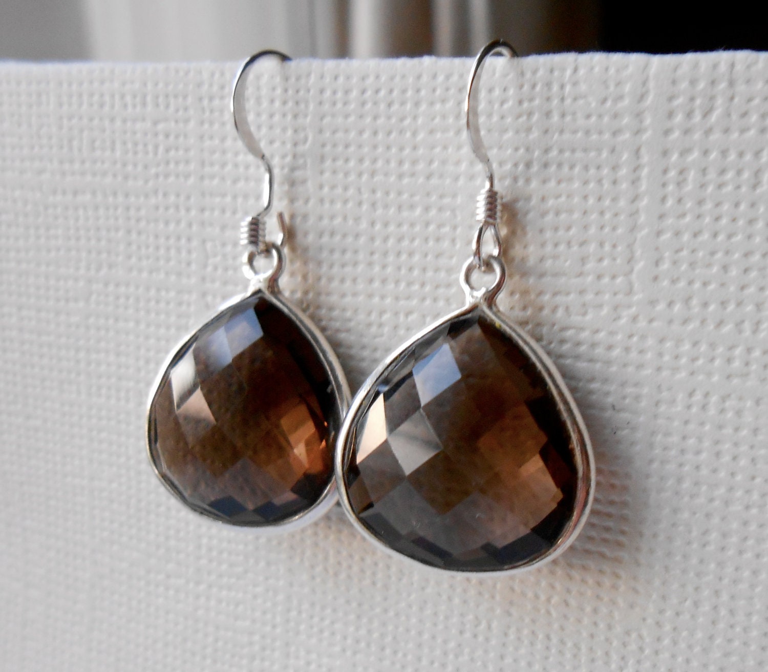 Smoky Quartz Earrings Gemstone Bezel Set in Sterling Silver - Large, Faceted Briolettes - Unique Beautiful Gemstone Jewelry