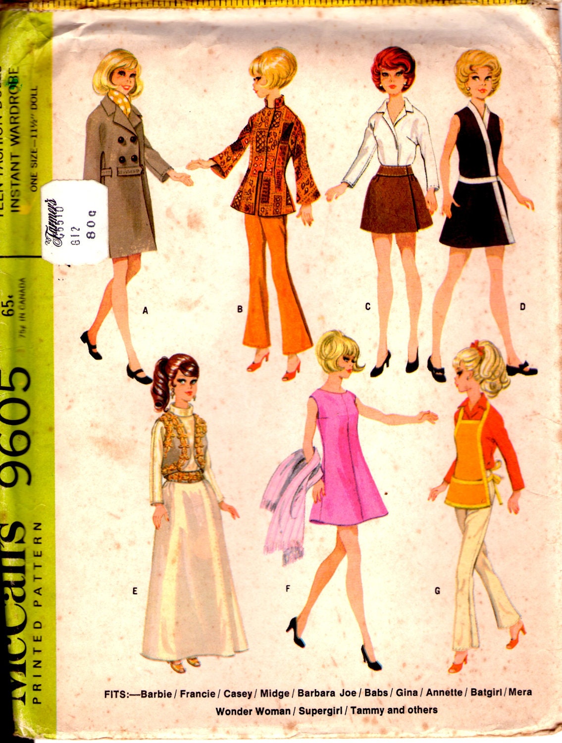 1960s McCalls  Pattern 9605 for Teen Dolls Instant wardrobe,  Doll Size 11 1/2 inch,  (28 cm) Uncut, Factory folded