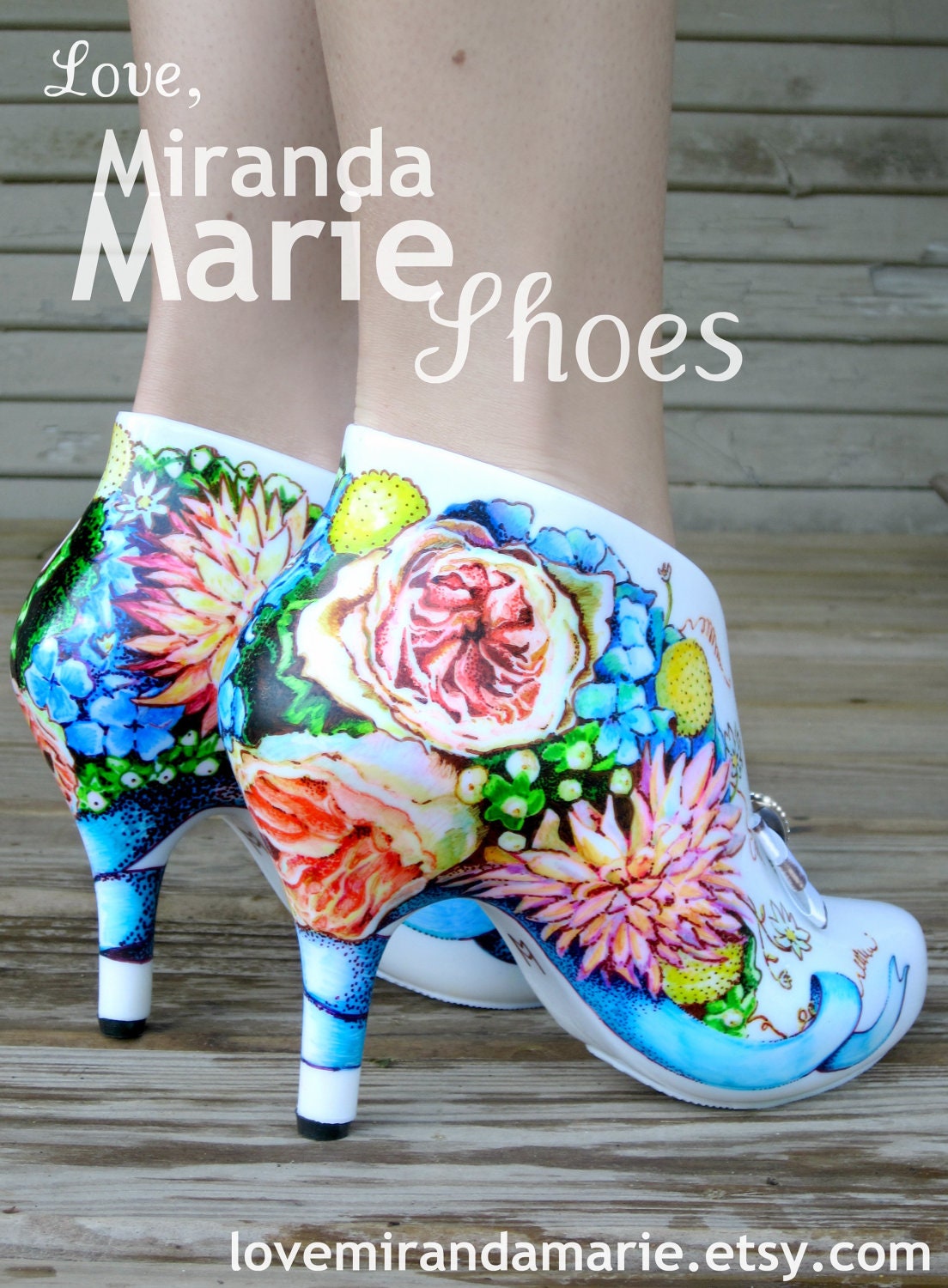 Wedding Shoes painted with Butterfly Bouquets and Blue Ribbons