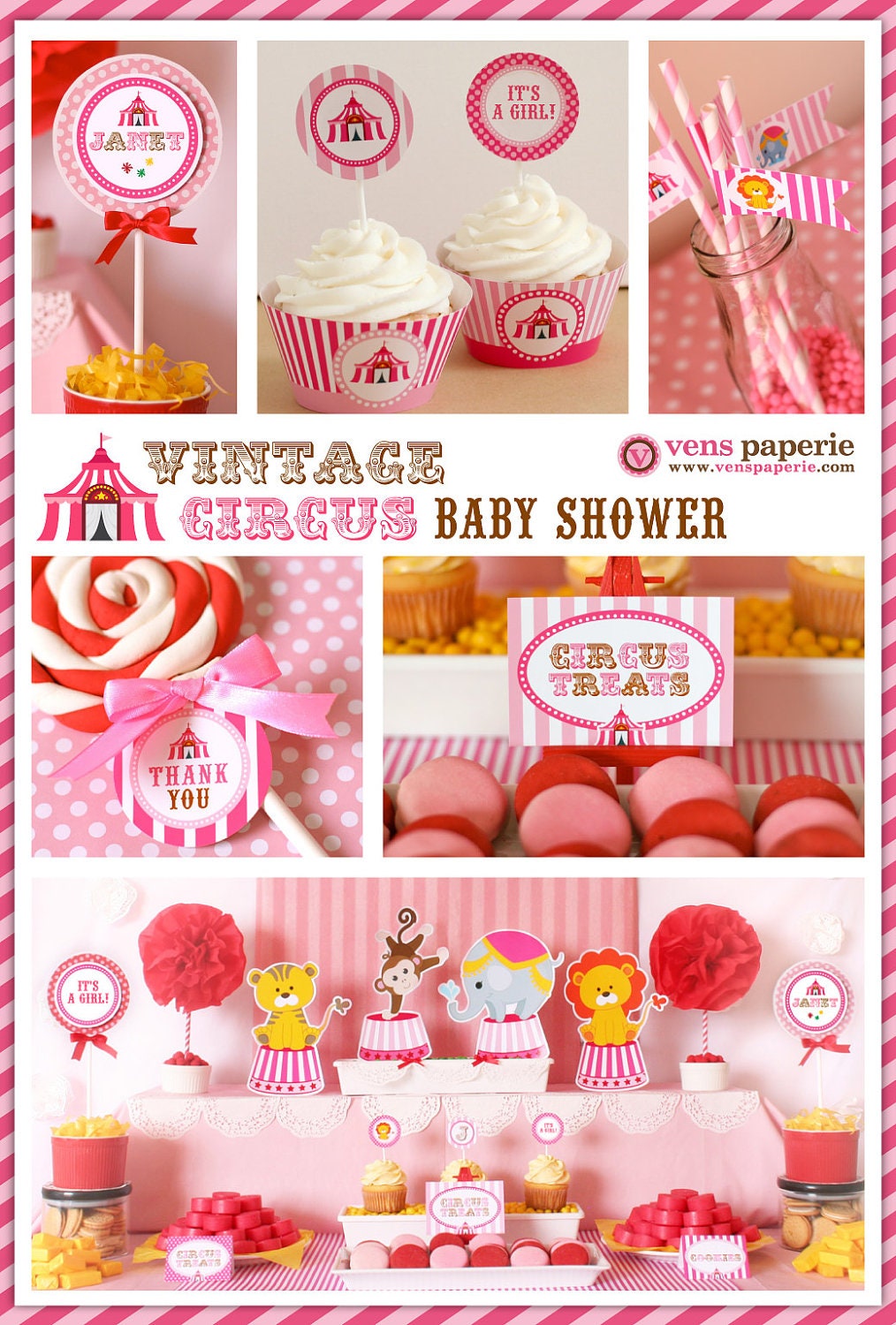 Vintage Pink Carnival Circus Baby Shower Package Personalized FULL Collection Set - PRINTABLE DIY - BS801CA2x