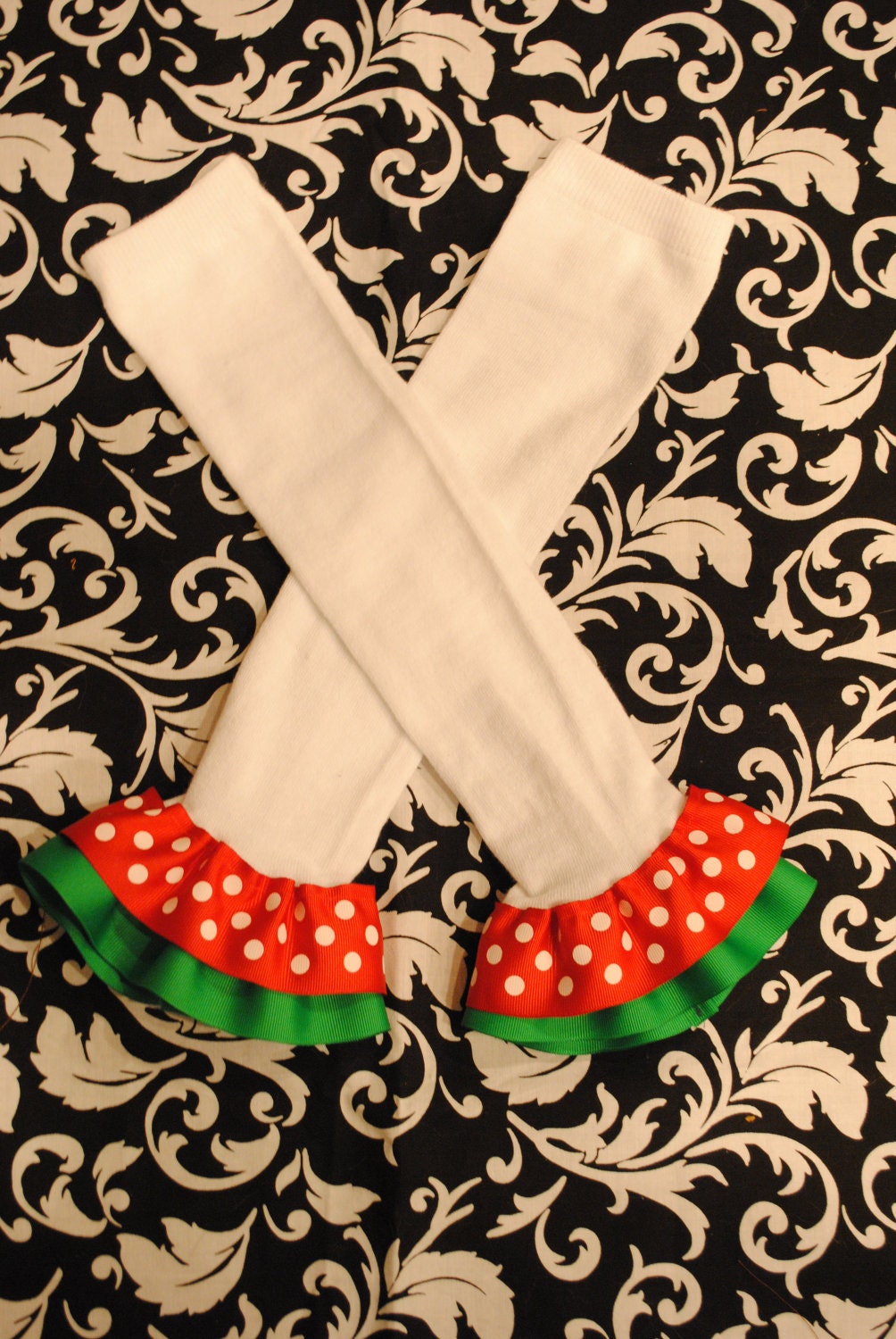 Red and Green Christmas Polka Dot Double Layer Ruffle Ribbon Legwarmers