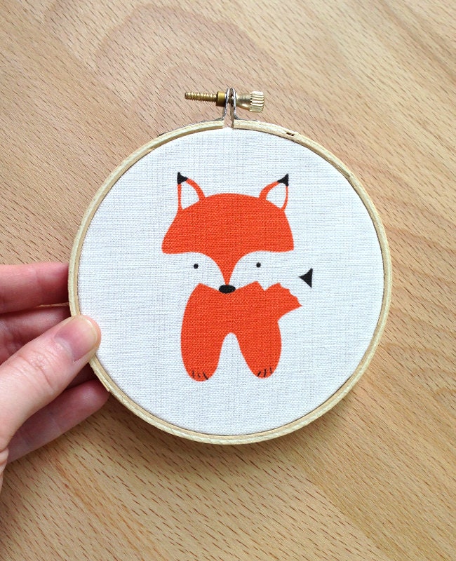 Limited Edition 4 inch Hoop Art Fox cute totem woodland animal nursery home decor baby childrens gift under 20 teal red orange
