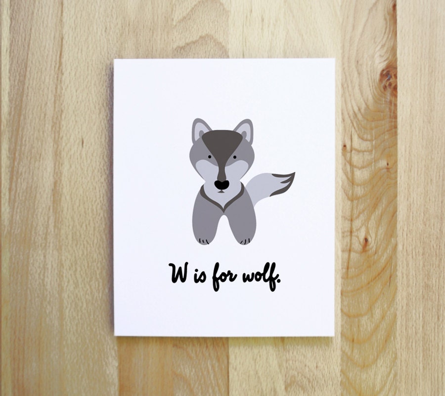 W is for Wolf woodland animal alphabet nursery print portrait illustration gray white black lilac purple