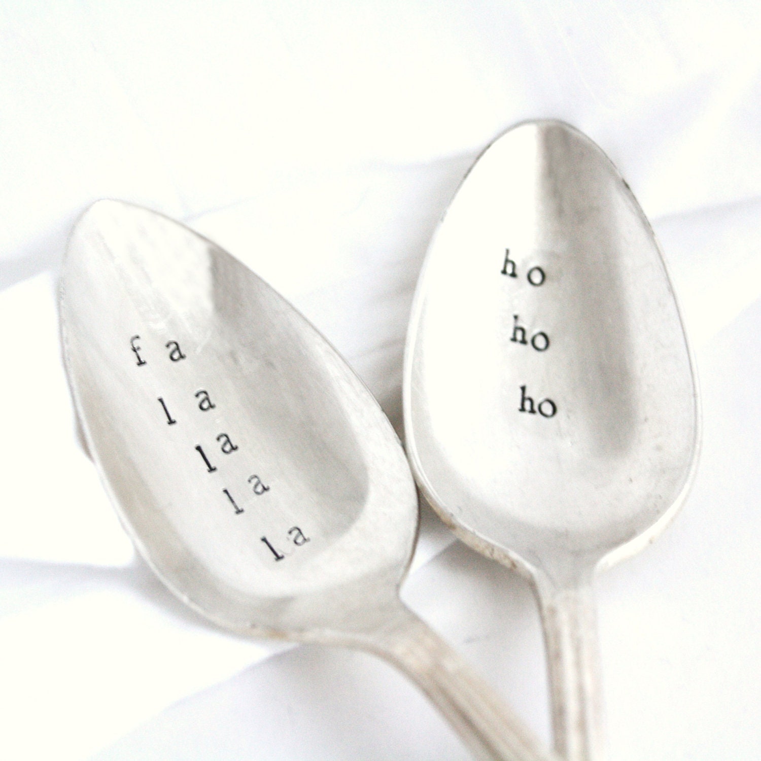 Christmas coffee spoons, Fa la la la la, Ho Ho Ho. Made to order stamped silver cocoa spoons for your holiday table decor or hostess gift